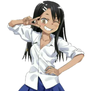 😃 Nagatoro Don't Toy with Me, Miss Nagatoro anime, girl, peace sign, cartoon, cute, smiling, school uniform telegram sticker