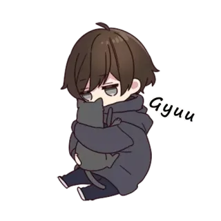 😫 Gyuu Anime, Ragazzo, Gatto, Abbraccio, Carino, Chibi telegram sticker