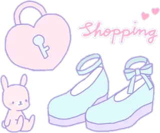 🛍 Shopping belanja, imut, kelinci, sepatu, gembok, pastel, kawaii whatsapp sticker