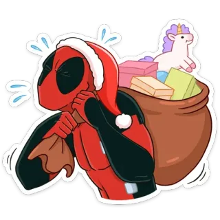 🎁 Deadpool Deadpool, Boże Narodzenie, Święty Mikołaj, Jednorożec, Prezenty telegram sticker