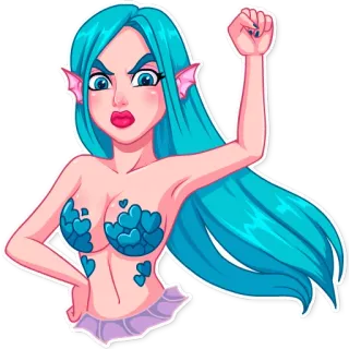 ✊ Meerjungfrau, Sticker, Cartoon, Wütend, Blaue Haare, Frau, Geballte Faust telegram sticker