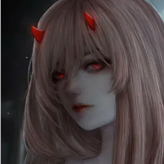 😠 Zero Two Darling in the Franxx 애니메이션, 캐릭터, 제로투, 달링 인 더 프랑키스, 악마, 뿔, 빨간 눈 telegram sticker