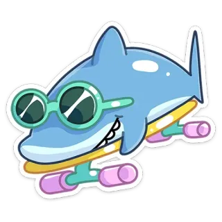 😎 Tiburón, Patineta, Dibujo animado, Pegatina, Gafas de sol, Lindo telegram sticker