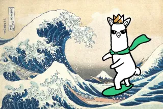 🌊 лама, серфинг, волна, мультфильм, большая волна в канагаве whatsapp sticker