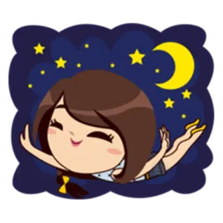 😌 niedlich, Cartoon, Mädchen, schläfrig, träumen, Nacht, Mond, Sterne telegram sticker