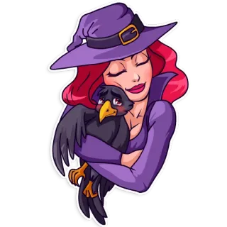 👨 strega, Halloween, corvo, cartone animato, magia, viola, capelli rossi telegram sticker