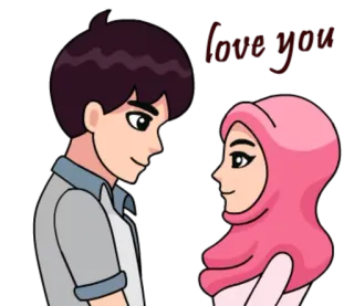 ❤ love you amore, coppia, cartoni animati, romanticismo, relazione, musulmano, hijab whatsapp sticker