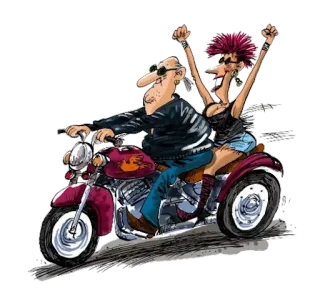 👴 moto, motard, dessin animé, couple, balade whatsapp sticker