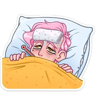 🏖 아픈, 몸이 안좋은, 침대, 온도계, 열, 만화, 두통 telegram sticker