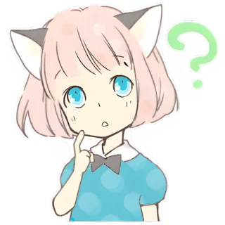 🤔 หูแมว, อนิเมะ, ผู้หญิง, เครื่องหมายคำถาม, น่ารัก, กำลังคิด, การ์ตูน whatsapp sticker
