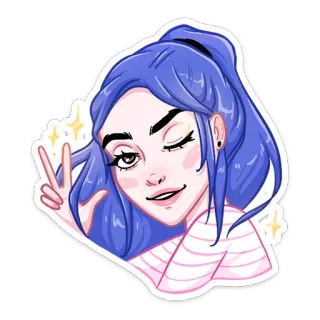 ✌ стикер, женщина, мультфильм, голубые волосы, знак мира, подмигивание, иллюстрация whatsapp sticker