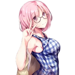 ✌ fille anime, cheveux roses, lunettes, signe de paix, mignon, dessin animé, autocollant telegram sticker