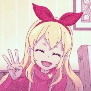 🍓 gadis anime, kartun, rambut pirang, pita merah, simbol perdamaian, imut, tersenyum, bahagia telegram sticker