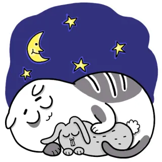 🌜 แมว, กระต่าย, นอน, พระจันทร์, ดาว, กลางคืน, การ์ตูน, น่ารัก telegram sticker