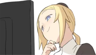 😈 anime, blonde hair, female, computer, smile, monitor telegram sticker