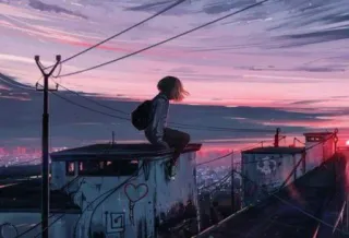 🖤 tramonto, panorama urbano, anime, ragazza, tetto, estetico, cuore telegram sticker