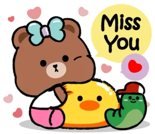⭐ Miss You 보고 싶어, 만화, 곰, 오리, 벌레, 귀여운, 인사 telegram sticker
