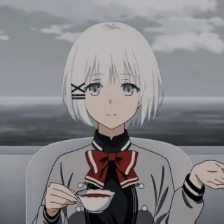 ☕️ Anime meisje, Wit haar, Thee, Anime, Cartoon, Grijs, Rode strik telegram sticker