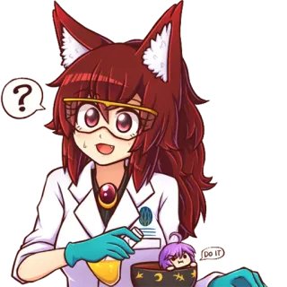 ❓ DO IT 애니메이션, 과학자, 여우 소녀, 과학, 실험, 물음표 telegram sticker
