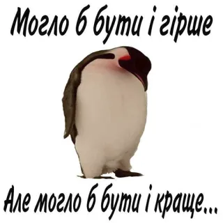 👐 Могло б бути і гірше 
Але могло б бути і краще penguin, optimism, pessimism, ukrainian, better or worse, mood, quote telegram sticker