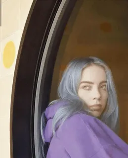 😐 Billie Eilish Billie Eilish, cantante, música pop, celebridad, sudadera morada, pelo azul telegram sticker