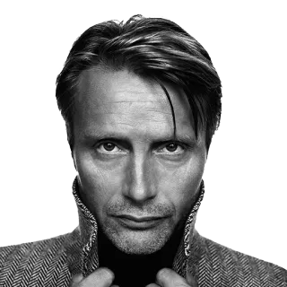 😐 Mads Mikkelsen actor, famoso, hombre, retrato, blanco y negro, danés telegram sticker