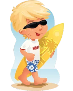 😜 Surf! surf, spiaggia, estate, cartone animato, ragazzo, tavola da surf telegram sticker