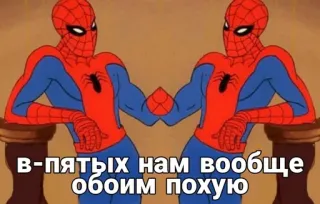 😆 Spider-Man в-пятых нам вообще обоим похую spider-man, meme, unverschämt, vulgär, cartoon, superheld telegram sticker