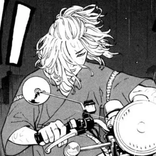 🗝 Mikey Tokyo Revengers anime, motorcycle, manga, character, man, black and white telegram sticker
