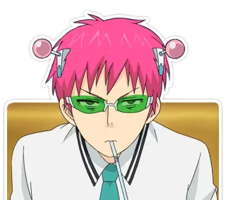 😐 Kusuo Saiki The Disastrous Life of Saiki K. anime, Saiki K, cabelo rosa, psíquico, personagem, engraçado, óculos verdes telegram sticker