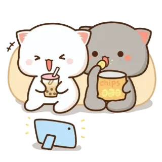 😁 cats, chips, bubble tea, watching tv, cute, cartoon whatsapp sticker