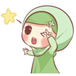 😉 Cartoon, Mädchen, Hidschab, Friedenszeichen, Stern, Süß whatsapp sticker