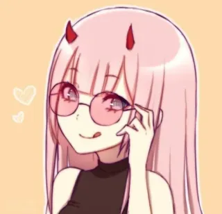 😋 Zero Two Darling in the Franxx Anime, Karakter, Zero Two, rambut pink, kacamata, hati, Kawaii, Darling in the Franxx telegram sticker