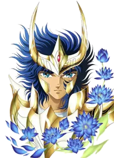 😌 Anime, Personaje, Armadura, Oro, Azul, Flores telegram sticker