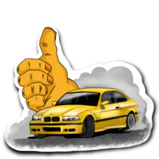 👍 samochód, żółty, kciuk w górę, pojazd, drift, BMW telegram sticker
