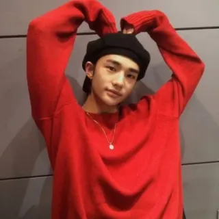 🍫 retrato, homem, camisola vermelha, chapéu preto, kpop, pessoa whatsapp sticker