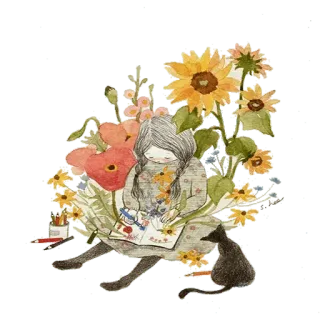 ☺️ fille, chat, dessin, tournesols, fleurs, art whatsapp sticker
