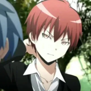 😐 Karma Akabane Assassination Classroom anime, cabelo ruivo, menino, uniforme escolar, sério, inexpressivo telegram sticker
