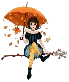 ☂ 가을, 소녀, 마녀, 나뭇잎, 우산, 빗자루, 가을 telegram sticker