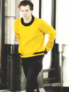 💸 Harry Styles harry styles, pull jaune, pantalon noir, célébrité, chanteur, mode telegram sticker