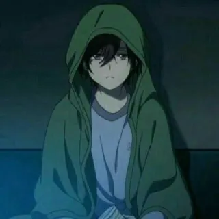 😑 Anime, Garçon, Sweat à capuche, Triste, Assis telegram sticker