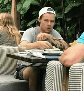 💞 Harry Styles คนดัง, แฮร์รี่สไตลส์, นักร้อง, นักแสดง, หมวกสีขาว, กิน telegram sticker