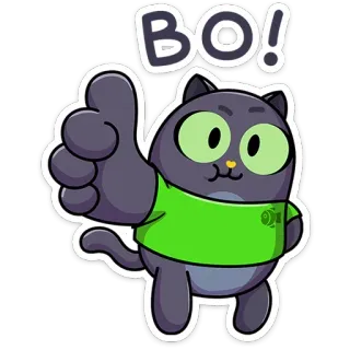 👍 BO! แมว, สติกเกอร์, การ์ตูน, ยกนิ้วโป้ง, เสื้อเขียว, น่ารัก, สัตว์ telegram sticker