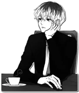 😶 Anime, Manga, Personaggio, Bianco e nero, Caffè, Pensieroso telegram sticker