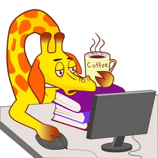 🙁 Coffee ยีราฟ, กาแฟ, คอมพิวเตอร์, เหนื่อย, สัตว์, การ์ตูน, งาน telegram sticker
