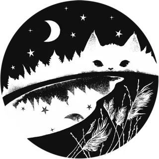 😔 chat, lune, nuit, étoiles, paysage, nature, forêt telegram sticker