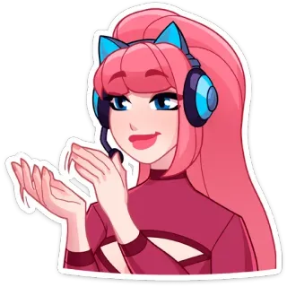 👏 女孩, 游戏玩家, 猫耳, 粉色头发, 耳机, 表情符号, 贴纸 whatsapp sticker
