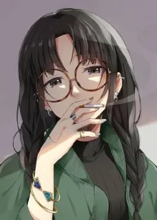 🚬 Anime Mädchen, Rauchen, Zigarette, Brille, Zöpfe, Ohrringe, Schmuck whatsapp sticker