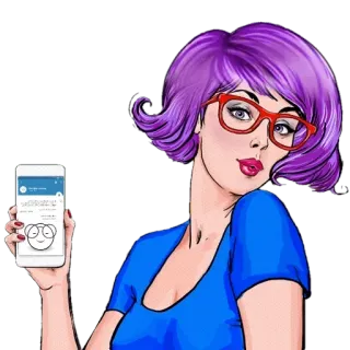 📱 femme, lunettes, cheveux violets, pop art, dessin animé, téléphone telegram sticker