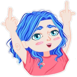 🖕 ngón giữa, cử chỉ xúc phạm, hoạt hình, sticker, tóc xanh dương, chibi telegram sticker